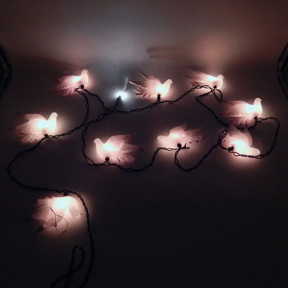 Vintage Blow Mold Dove Bird String Light Set Glitter Ornaments Set of 9 (10)